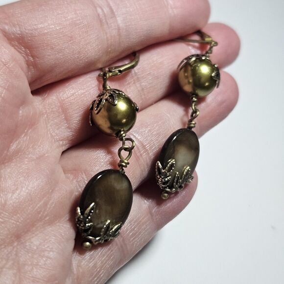 Gold Tone Dangling Green And Brown Beaded Earrings - Picture 3 of 8